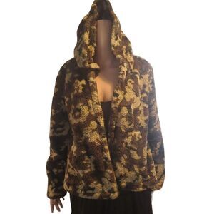 Love Tree Sz L Camo Print Open Front Fleece Hooded Jacket with Pockets
